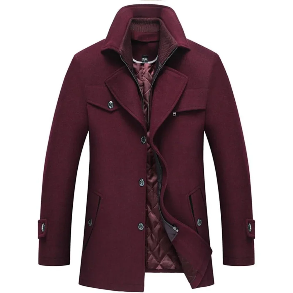 Men's Wine Wool Blend Coat Warm Winter Trench Coat With Detachable Soft Scarf